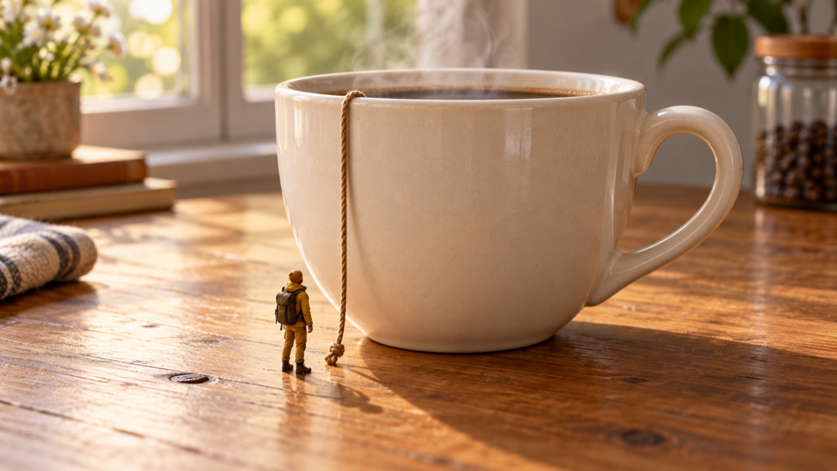 A miniature explorer beside an oversized coffee cup