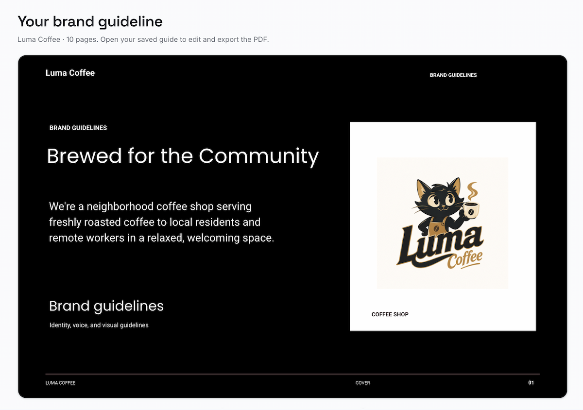 Luma Coffee's saved 10-page brand guideline in LogoAI, showing its cover and editable guide preview