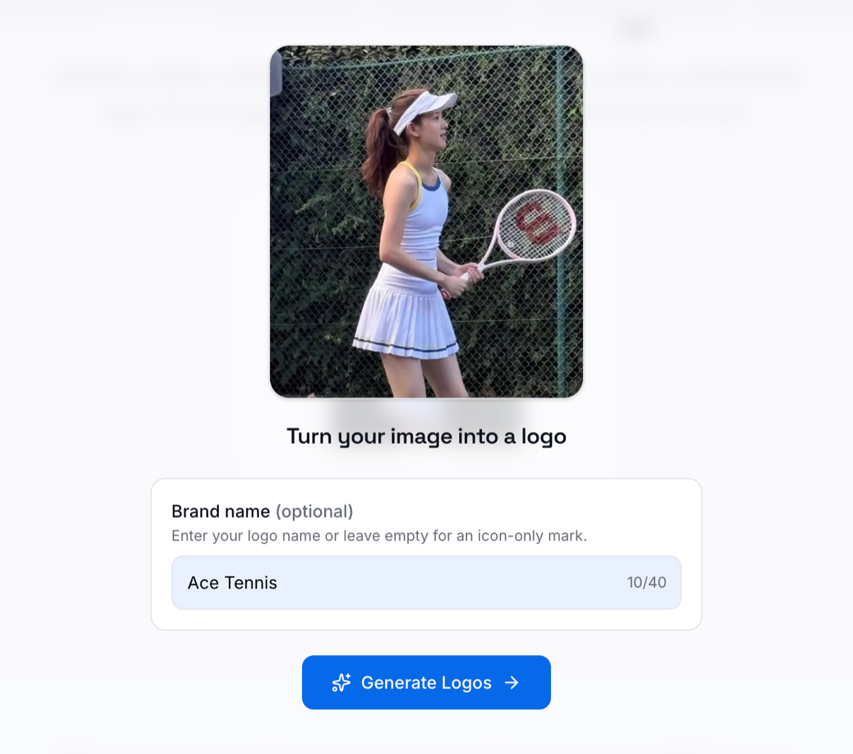 Upload a photo to LogoAI Image to Logo Upload a tennis photo and enter Ace Tennis as the brand name