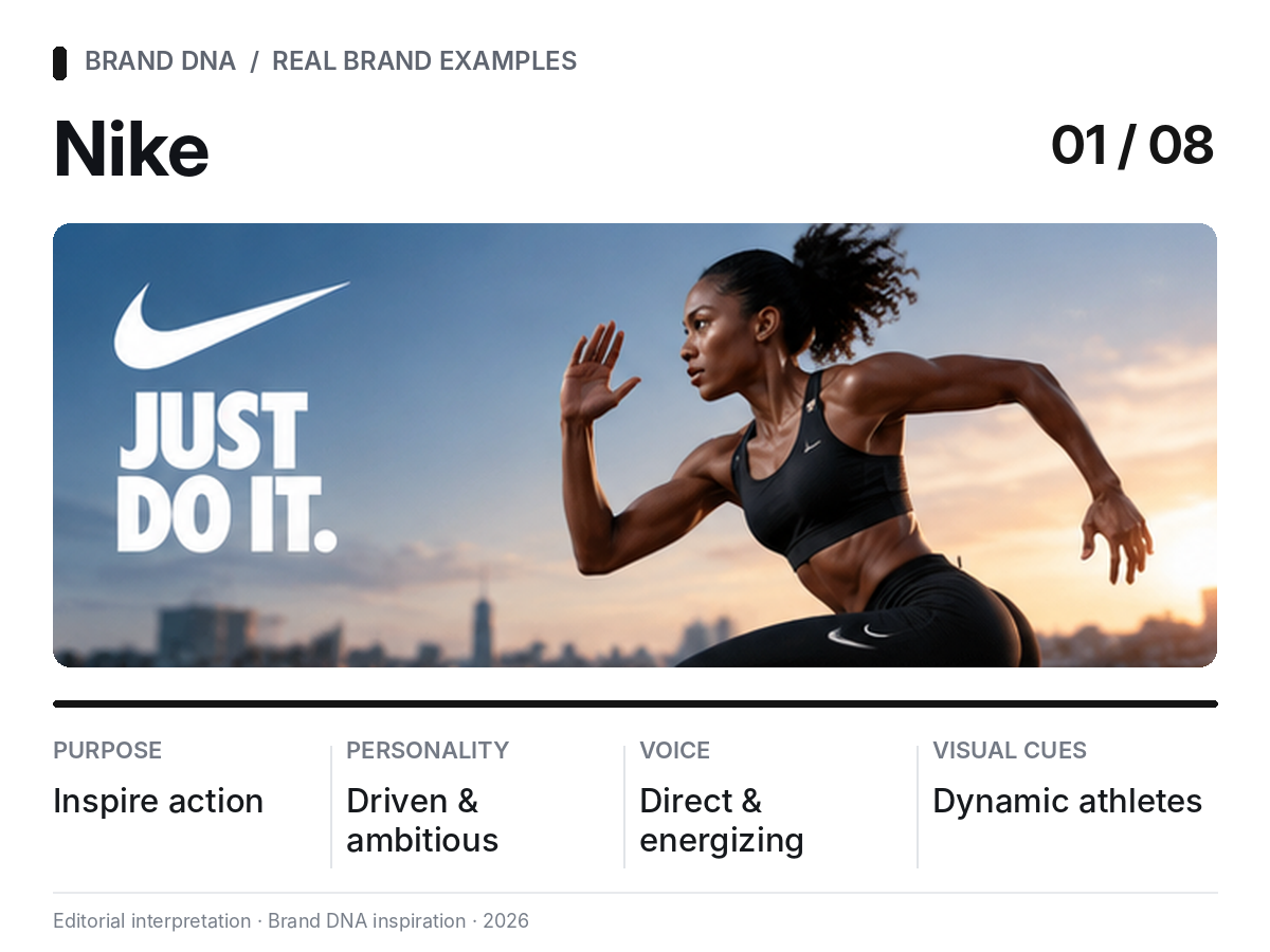 Editorial Brand DNA snapshot for Nike: action-oriented purpose, driven personality, direct voice, and dynamic visual cues.