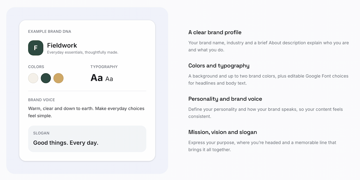 LogoAI’s Brand DNA example profile preview for Fieldwork, showing colors, typography, brand voice, and slogan.