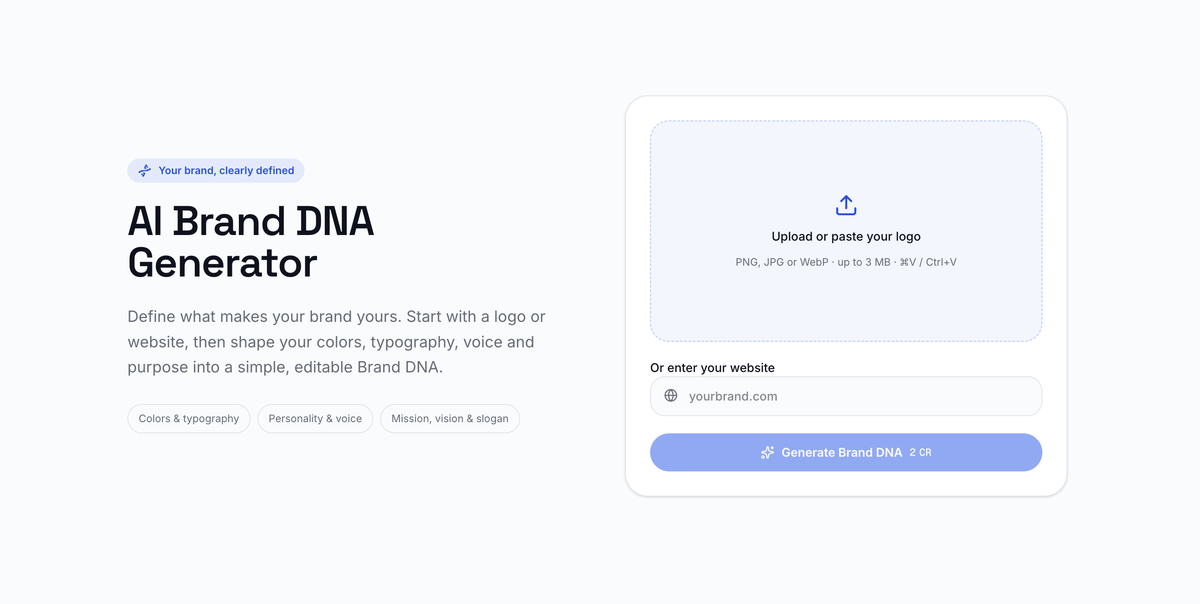 Generate your Brand DNA from a logo or website LogoAI AI Brand DNA Generator with logo upload and website input