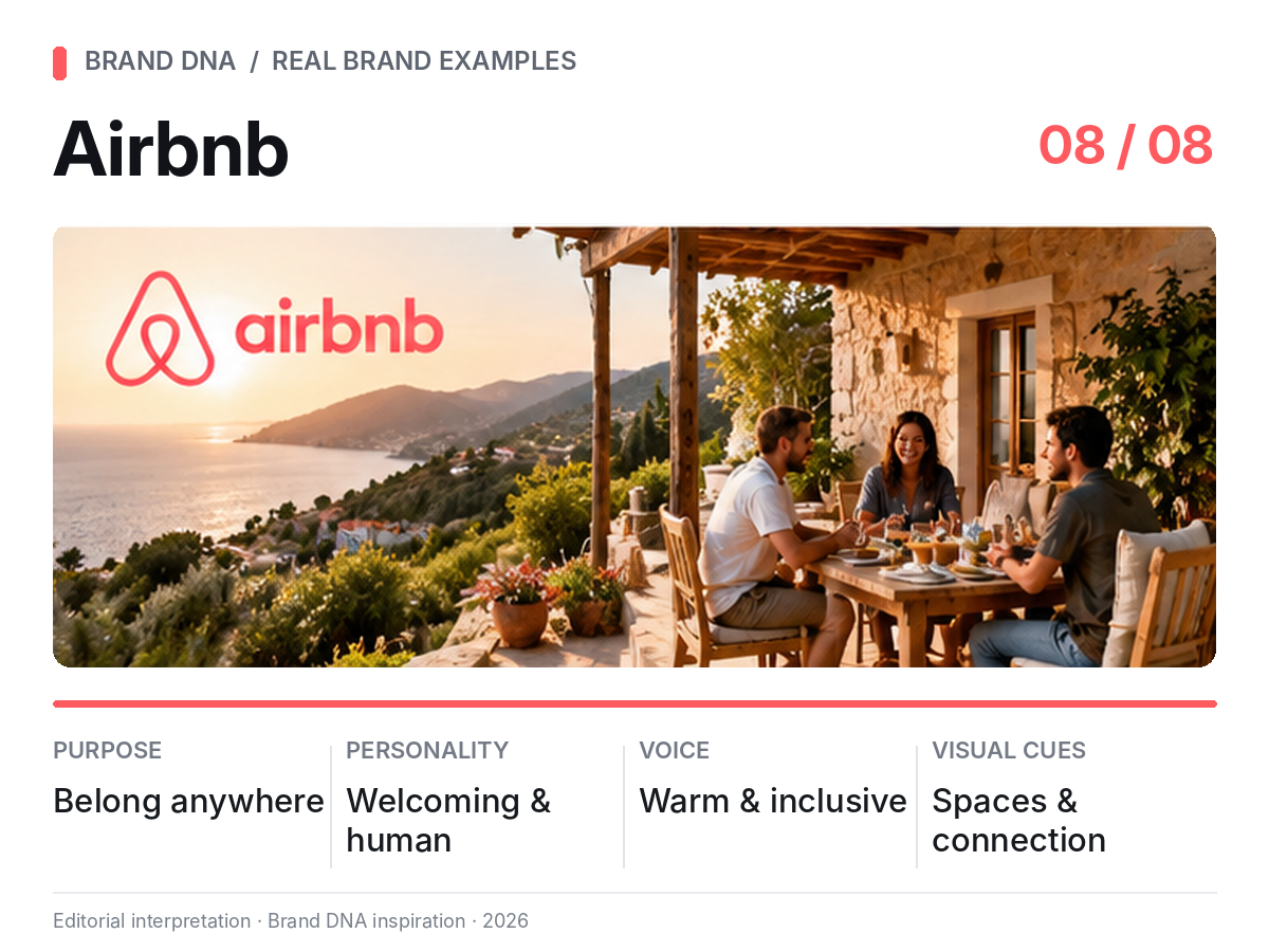 Editorial Brand DNA snapshot for Airbnb: belonging anywhere, welcoming personality, inclusive voice, and spaces that connect people.