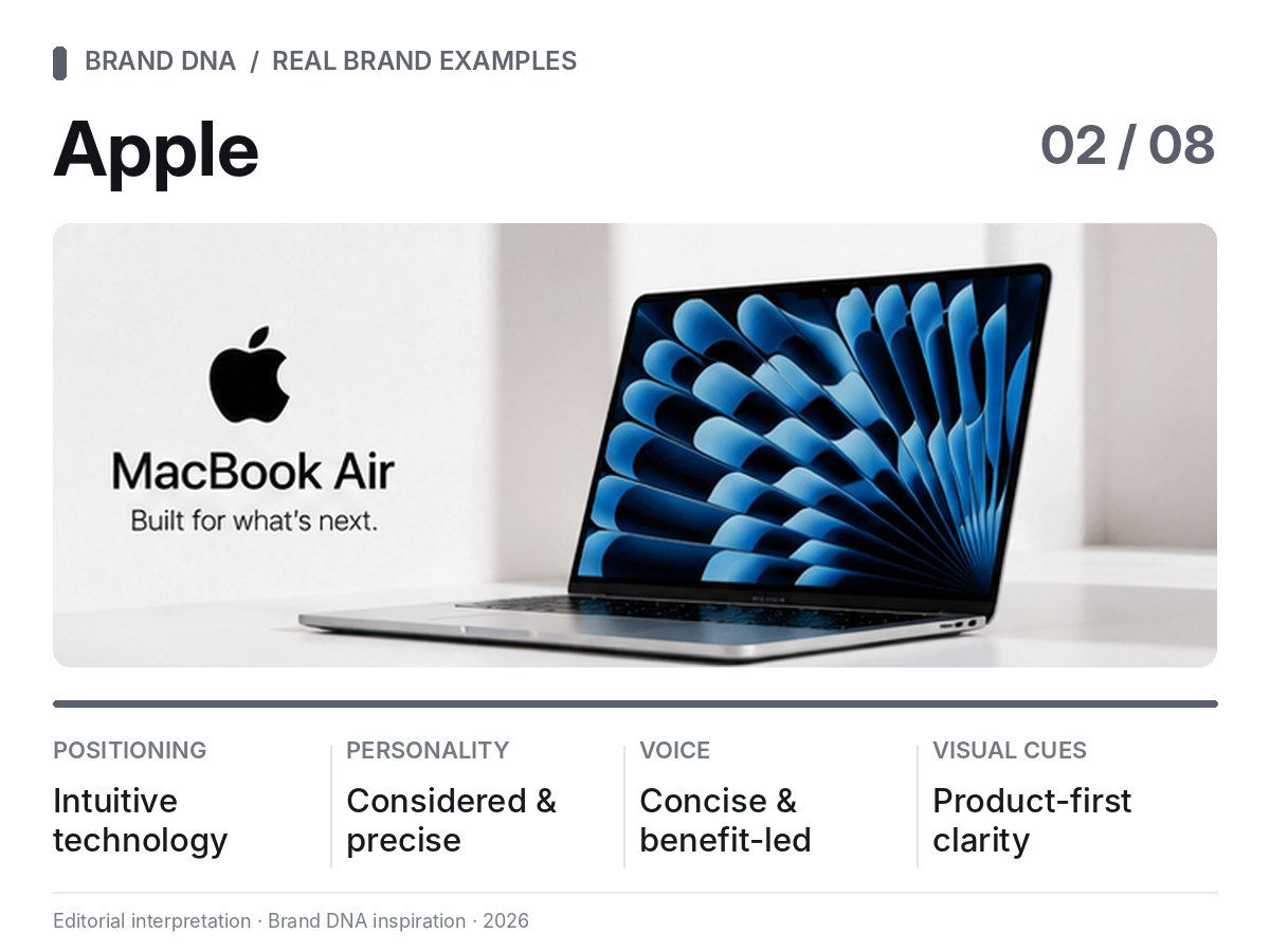 Editorial Brand DNA snapshot for Apple: intuitive technology, considered personality, concise voice, and product-first clarity.