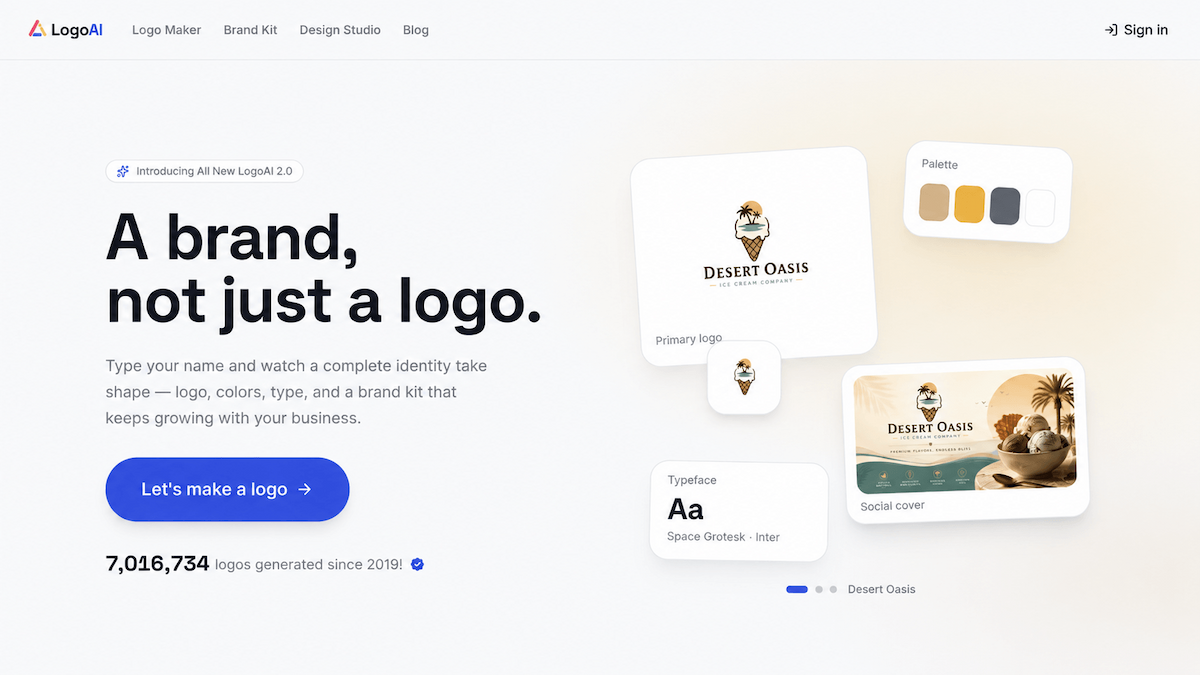 LogoAI homepage showing its brand-building workflow