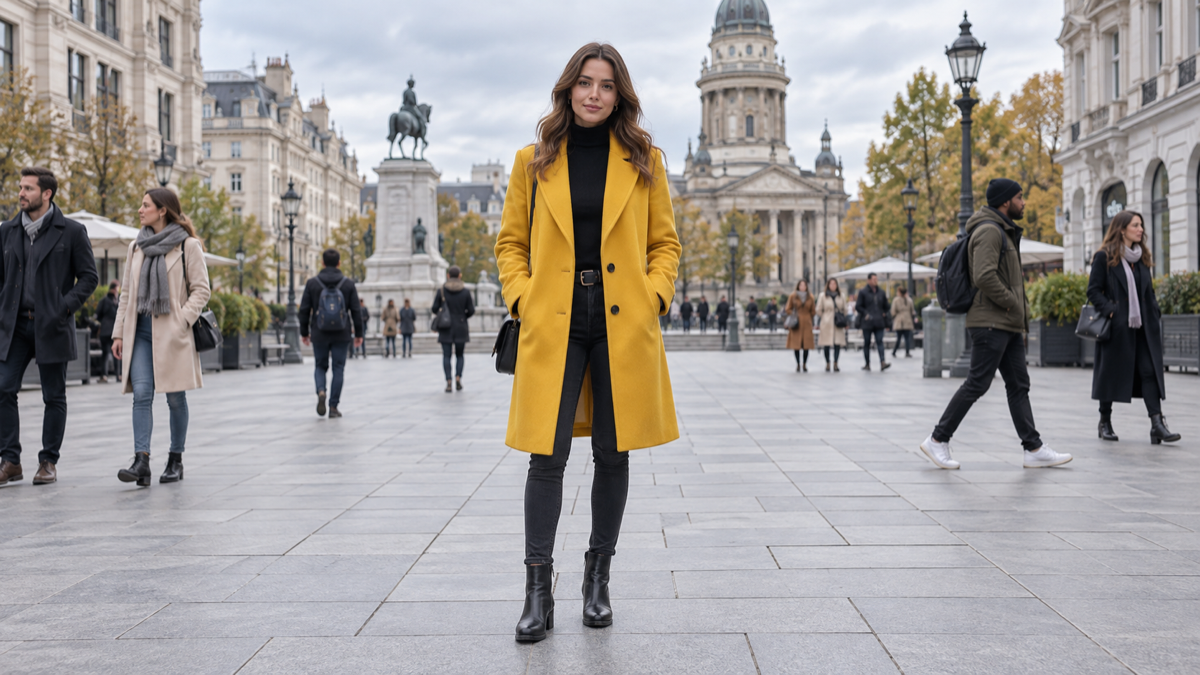A woman in a mustard coat standing in a busy pedestrian plaza