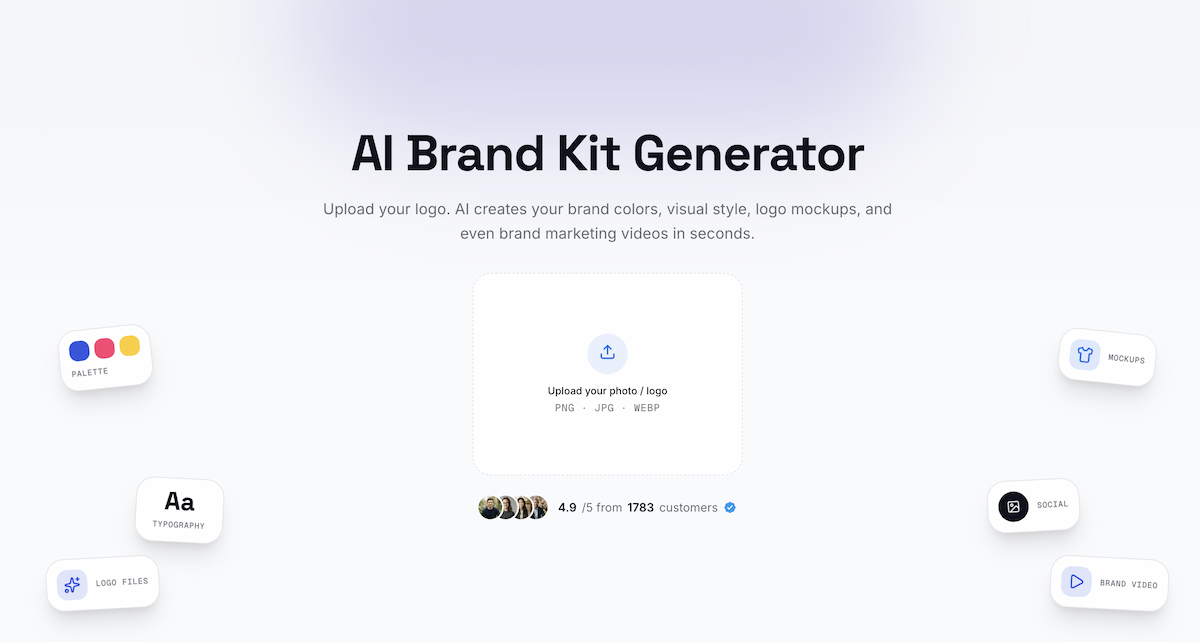 LogoAI Brand Kit page showing the logo upload area and grouped brand assets for colors, logo files, mockups, social media, and video