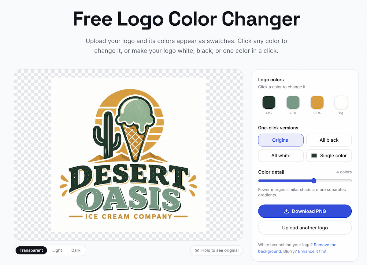 LogoAI Color Changer showing detected logo colors, one-click versions, and background previews