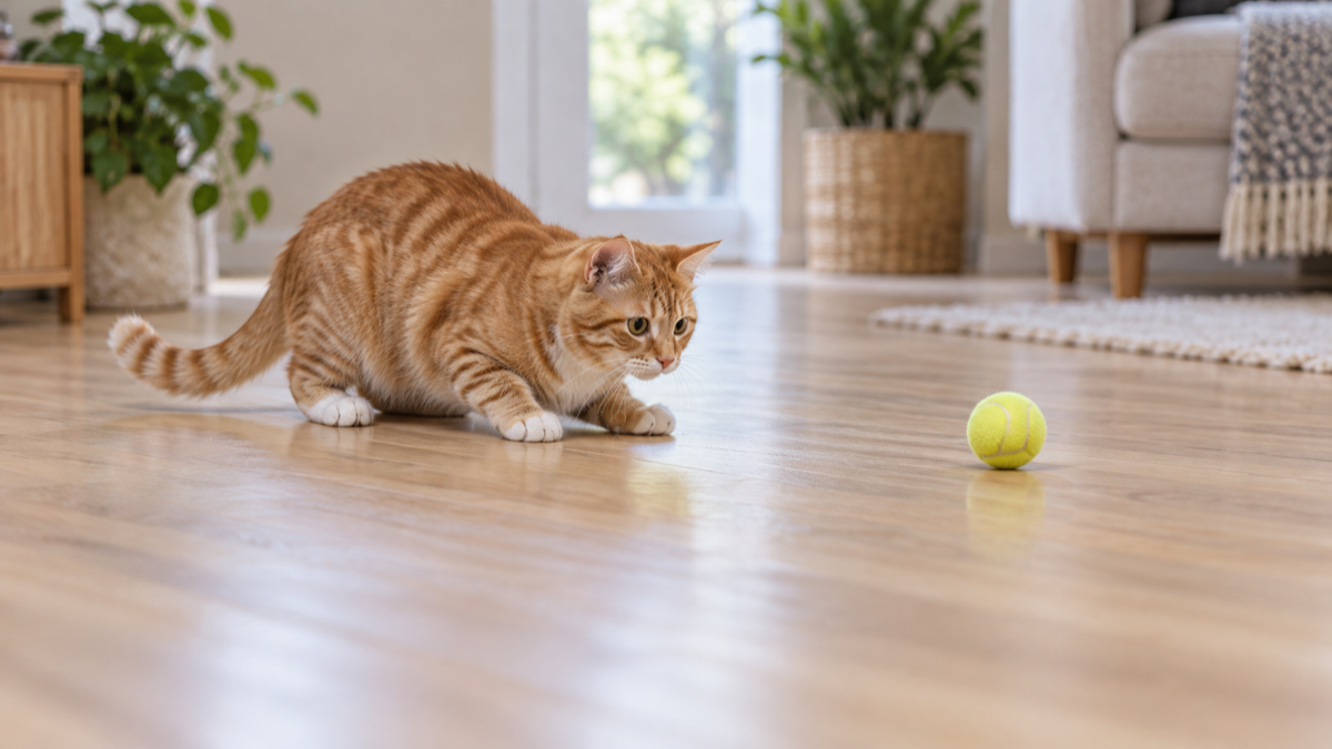 An orange tabby crouching near a yellow tennis ball