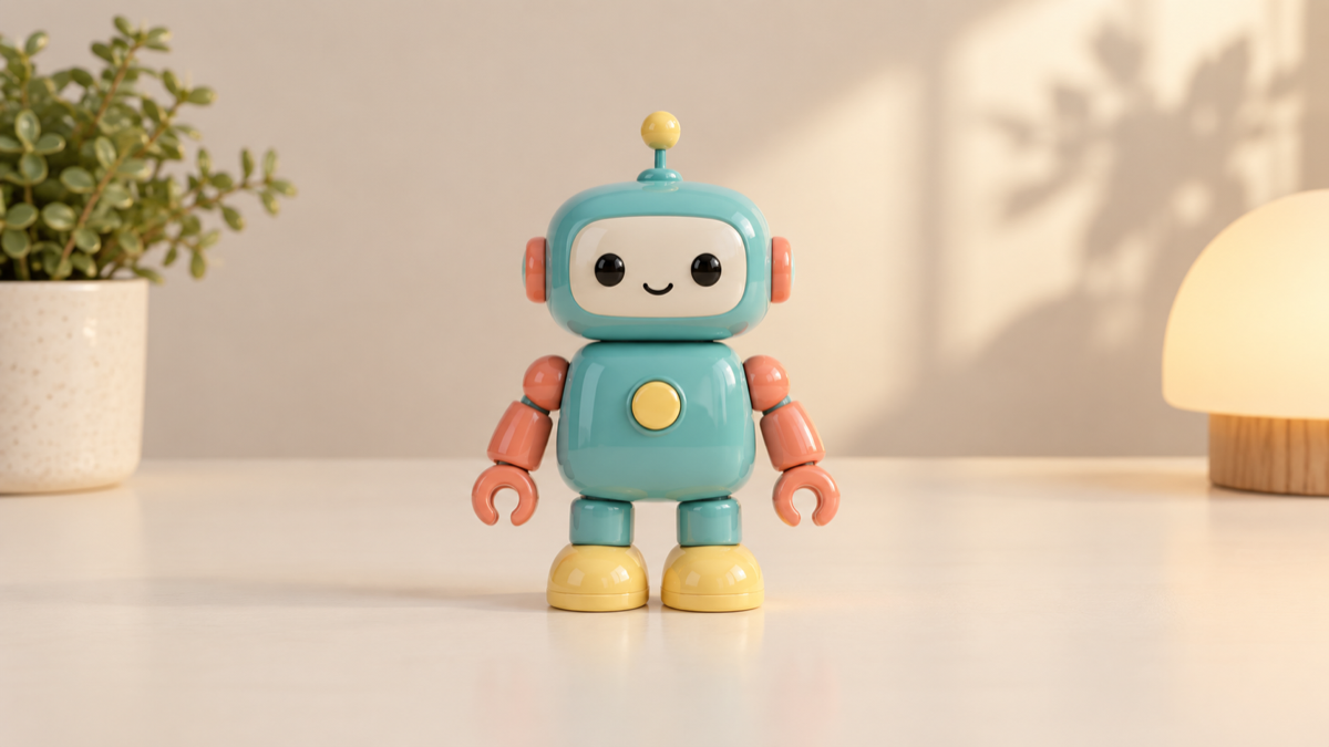 A turquoise toy robot standing intact on a cream tabletop
