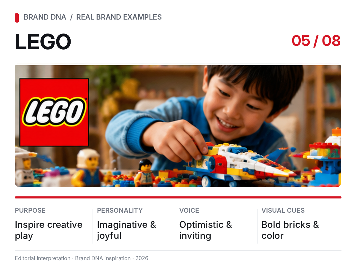 Editorial Brand DNA snapshot for LEGO: creative play, imaginative personality, optimistic voice, and colorful bricks.