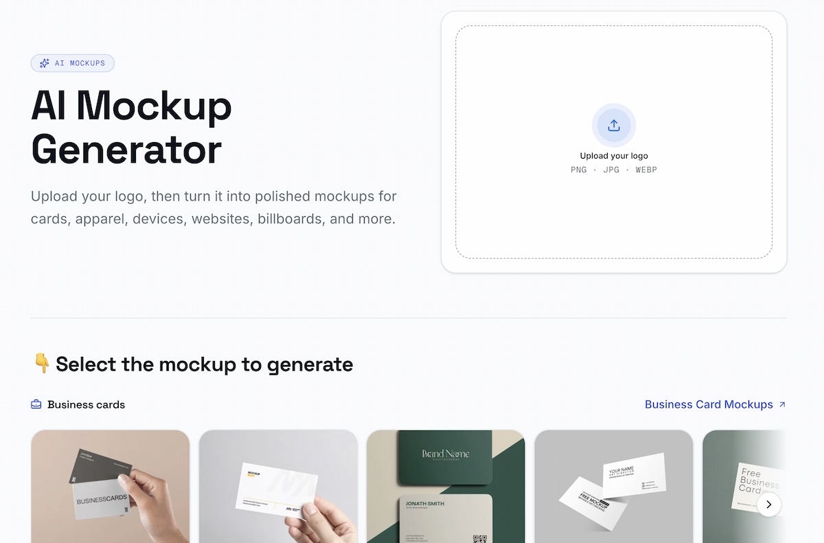 LogoAI Mockup Generator showing logo upload and conventional mockup categories