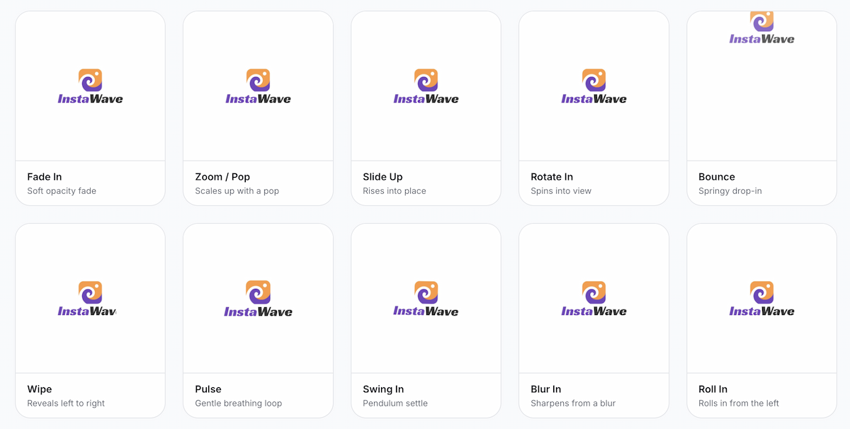 Ten free LogoAI logo animation templates displayed in a two-row grid using the InstaWave sample logo.