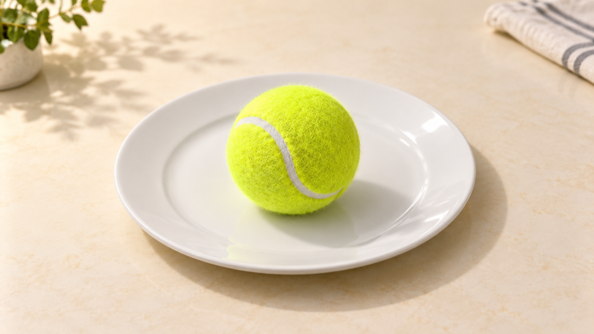 An intact tennis ball on a white plate before a cake reveal