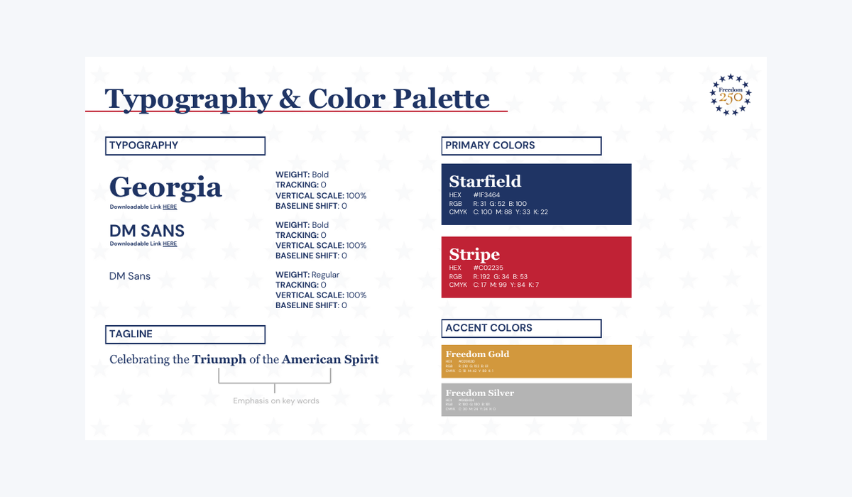 Freedom 250 typography and color palette showing Georgia, DM Sans and primary and accent colors