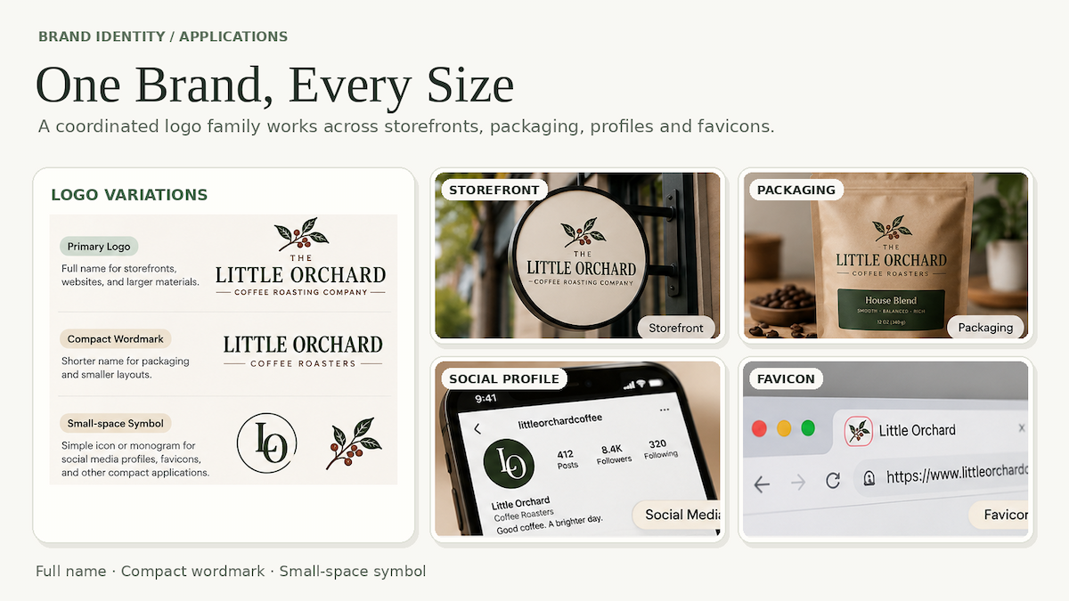 Logo variation system for The Little Orchard across storefront, packaging, social profile, and favicon sizes