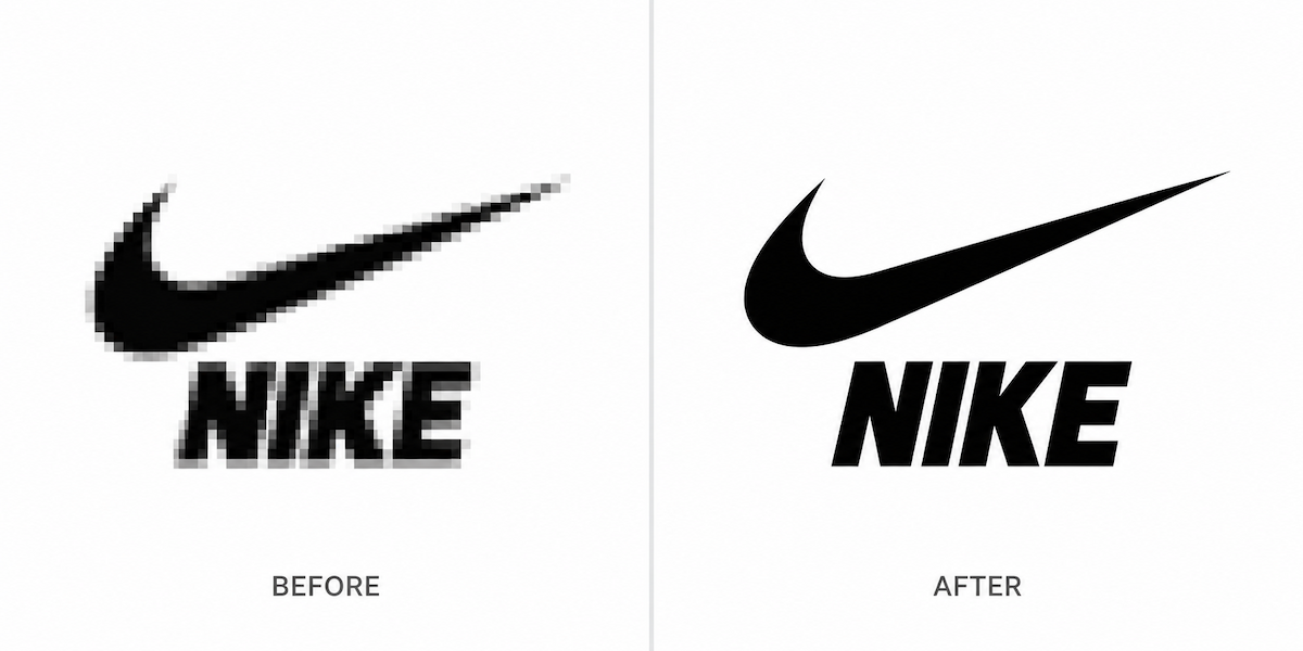 Nike logo before and after enhancement, with the blurry version on the left and the sharper version on the right