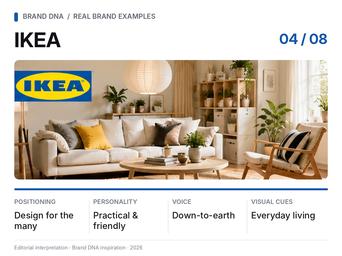 Editorial Brand DNA snapshot for IKEA: design for the many, practical personality, down-to-earth voice, and everyday living.