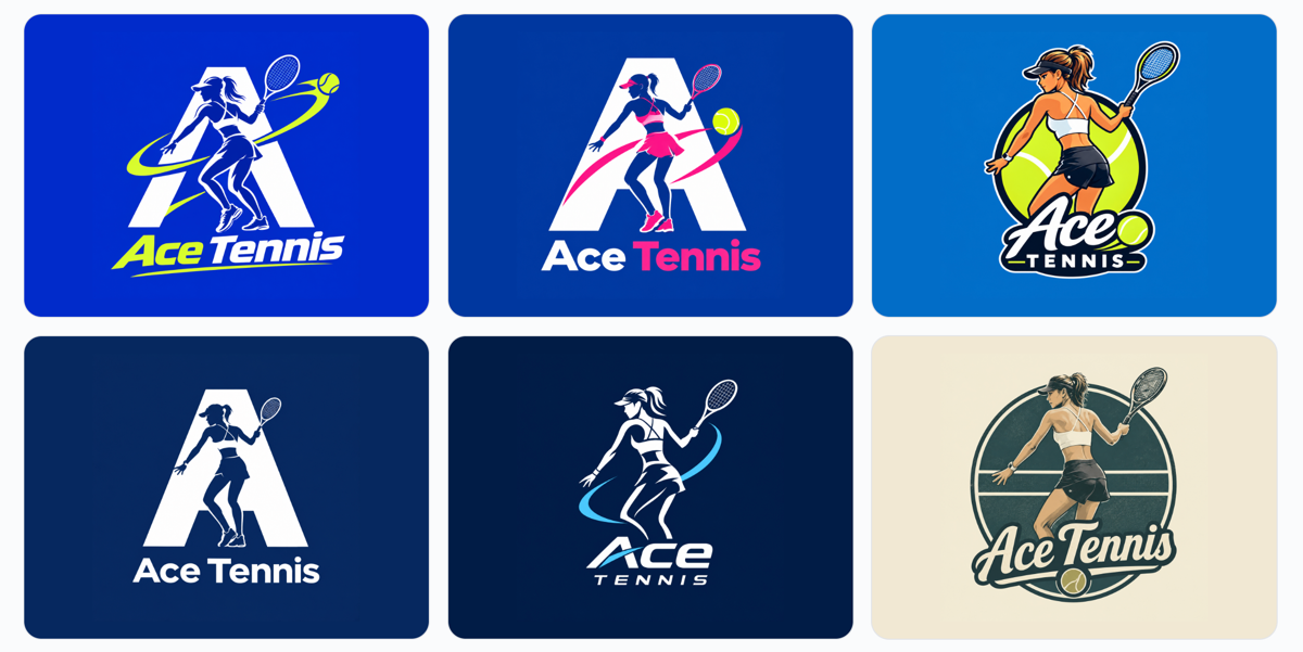 Logo ideas generated from a tennis photo Six Ace Tennis logo ideas generated from the uploaded tennis photo