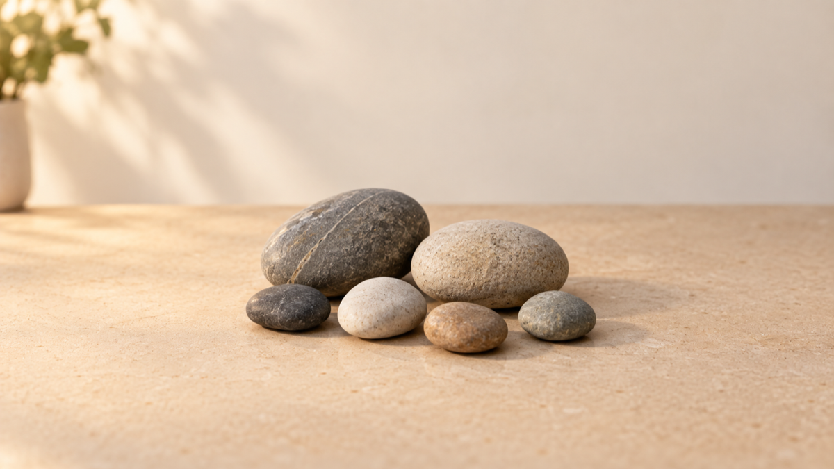 Six river stones ready to become a small animated creature