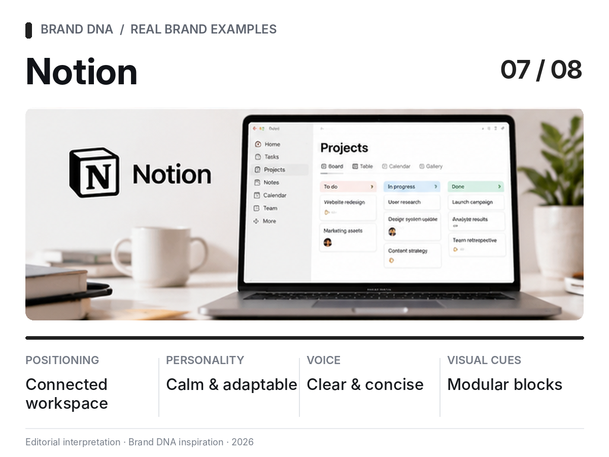 Editorial Brand DNA snapshot for Notion: a connected workspace, adaptable personality, clear voice, and modular blocks.