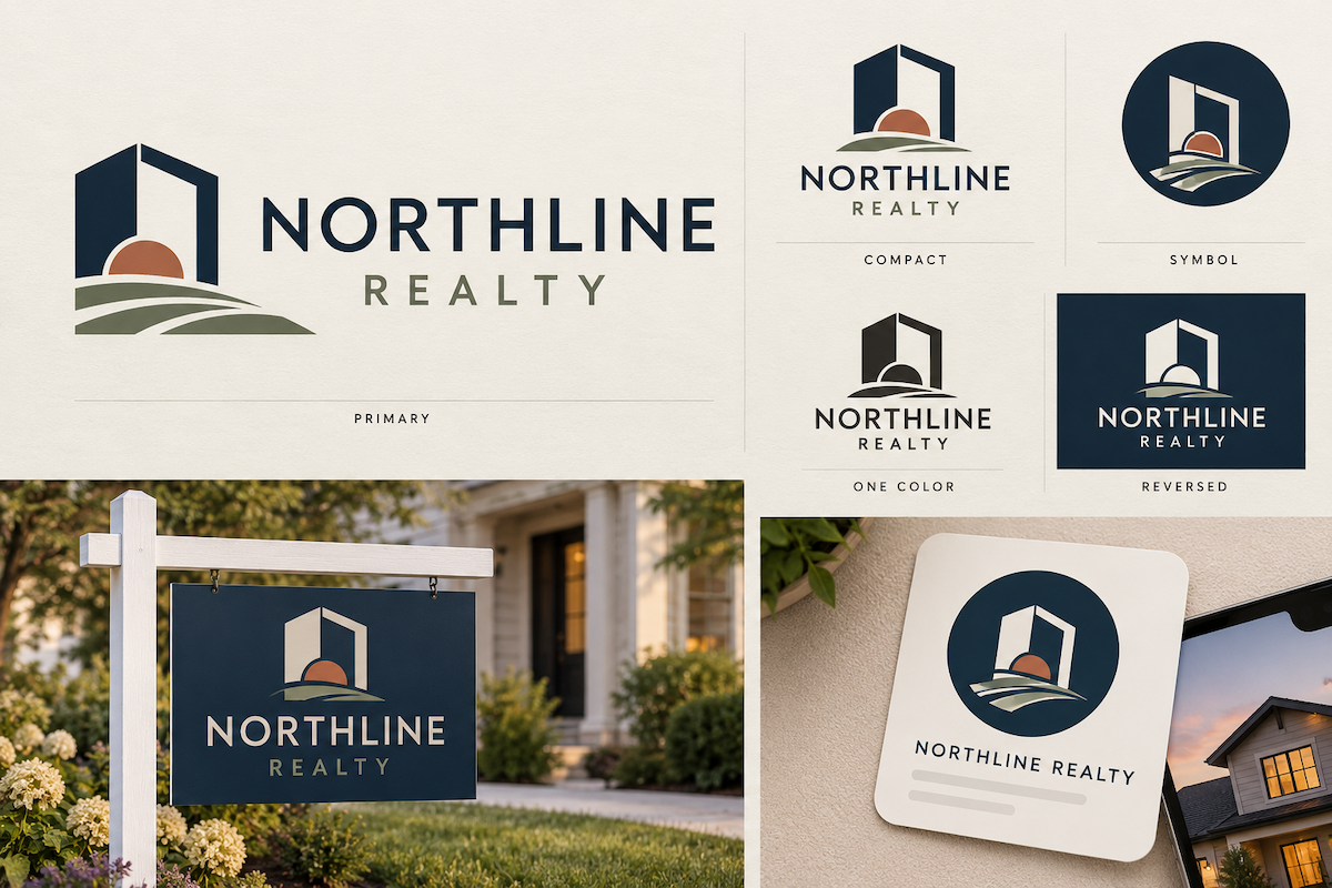 Real estate logo versions shown in primary, compact, symbol-only, one-color, reversed, yard-sign, and social applications