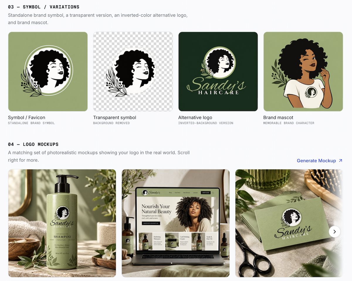 Haircare brand kit examples showing logo variations and mockups on products, a website, and stationery.