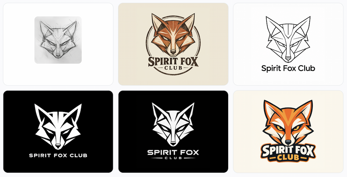 A rough fox concept sketch shown alongside several developed logo variations