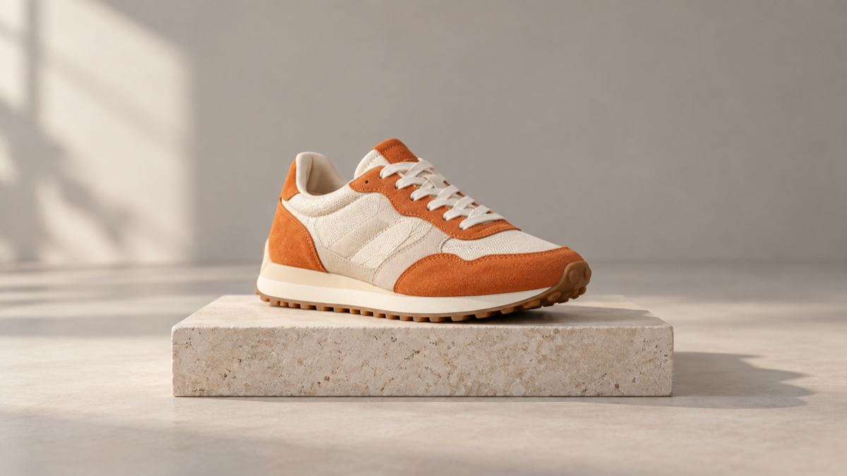 An orange and cream sneaker on a stone display plinth