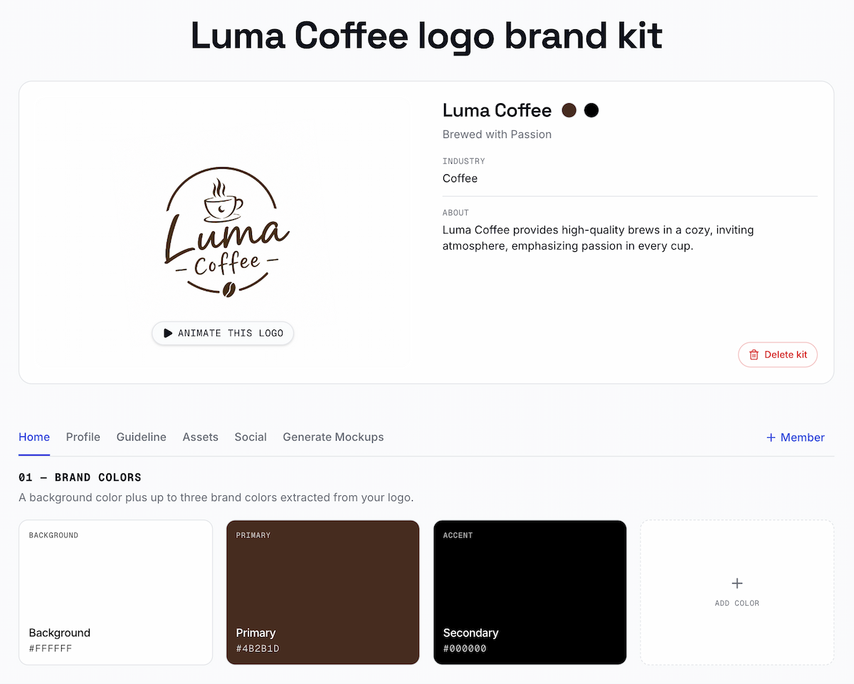 Luma Coffee brand kit page showing its logo, brand description, and extracted color palette.