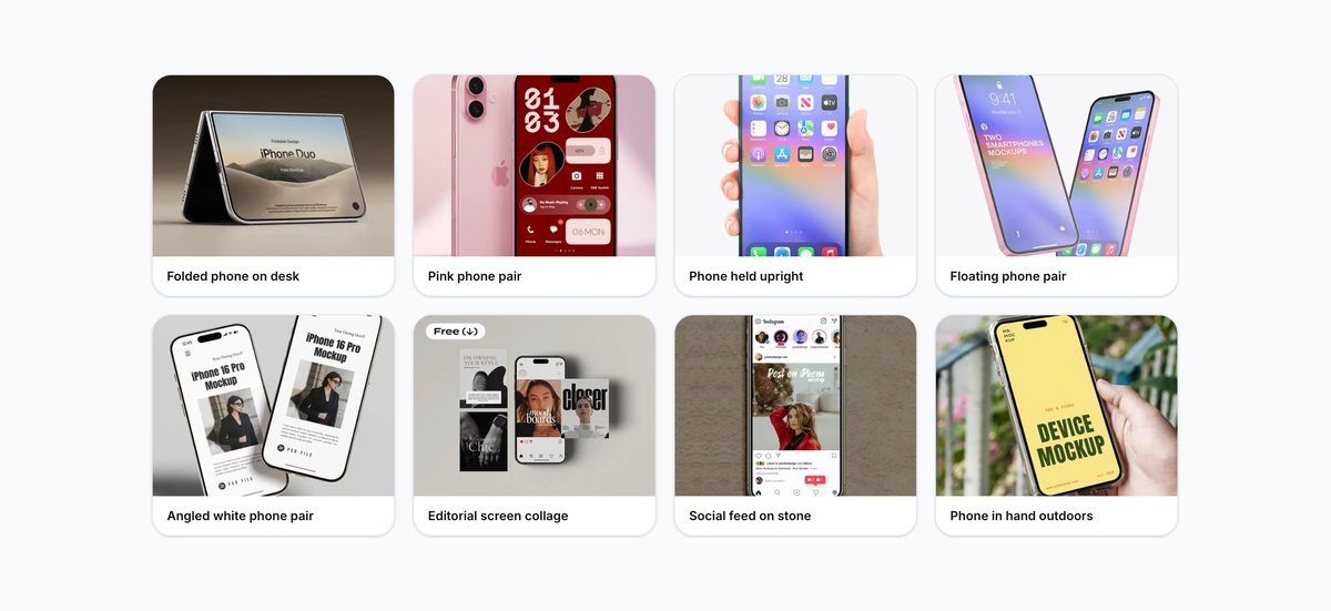 Explore iPhone mockup references in LogoAI LogoAI phone mockup reference library with hand-held and floating device scenes