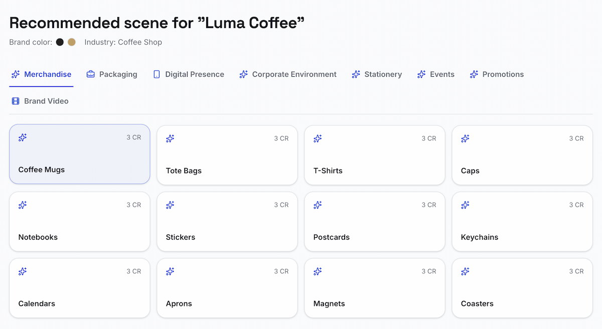 LogoAI recommended mockup tags for a coffee shop brand, including merchandise, packaging, digital presence, stationery, and events