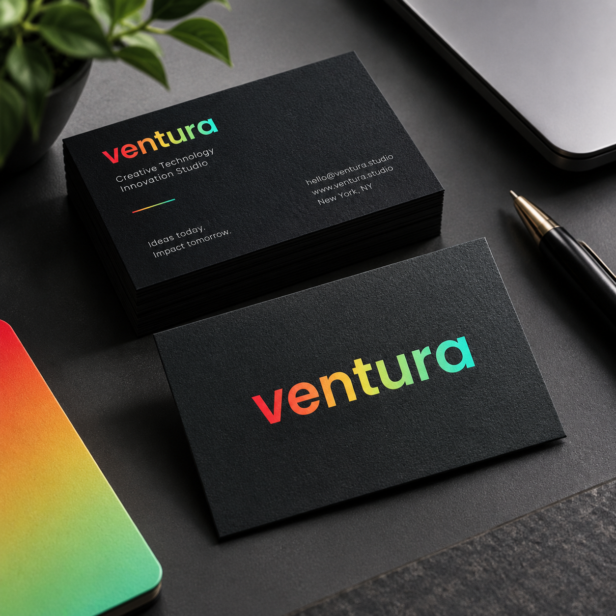 Ventura business card mockup with the gradient wordmark on premium stationery