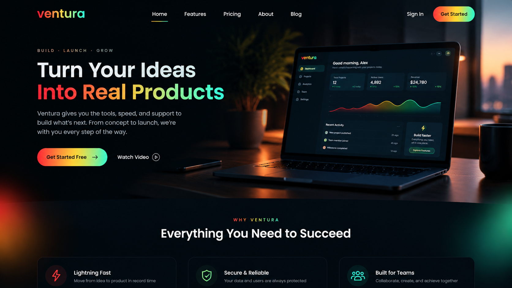 Ventura landing-page website concept using the logo and its color palette
